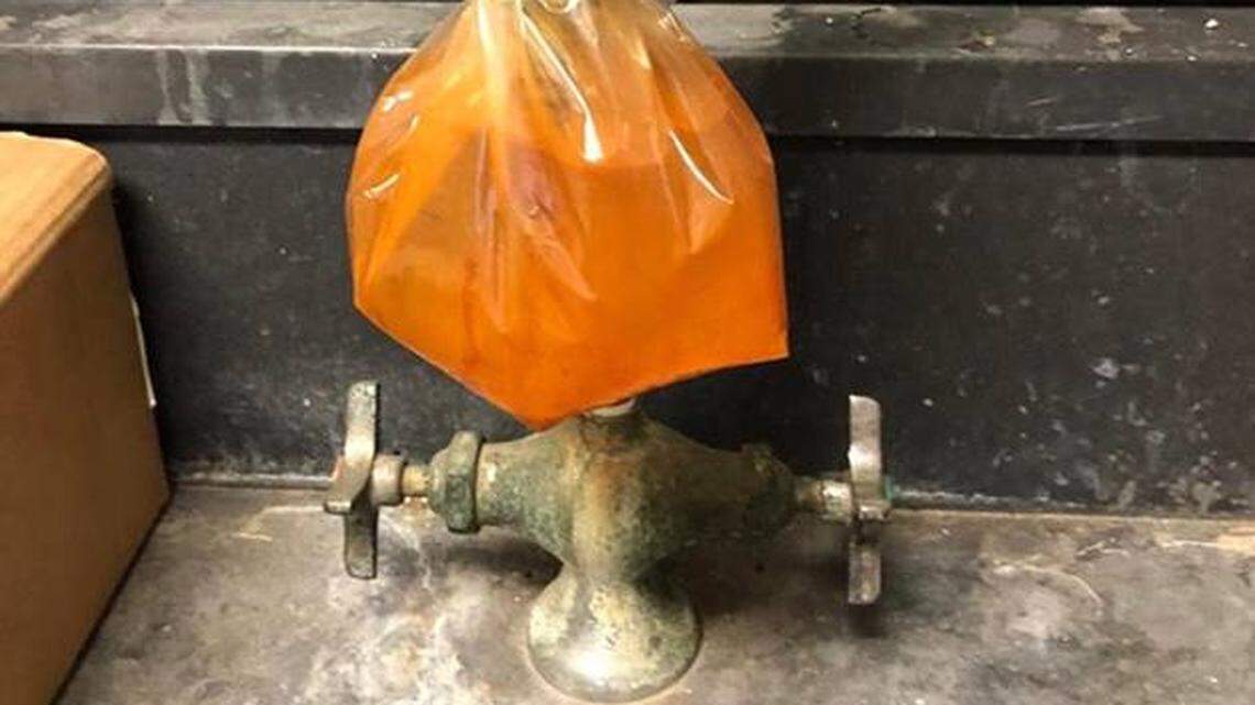 A teacher at South Mecklenburg High photographed this faucet leaking rusty water, “repaired” with a plastic bag, to illustrate health and safety concerns about school buildings.