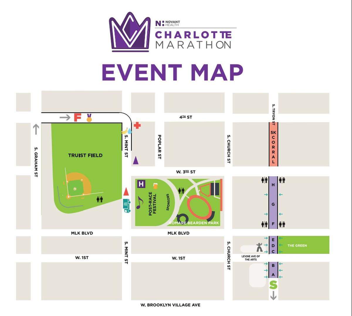 Driver alert: This map shows the start and finish lines in uptown Charlotte for Saturday’s Novant Health Charlotte marathon.
