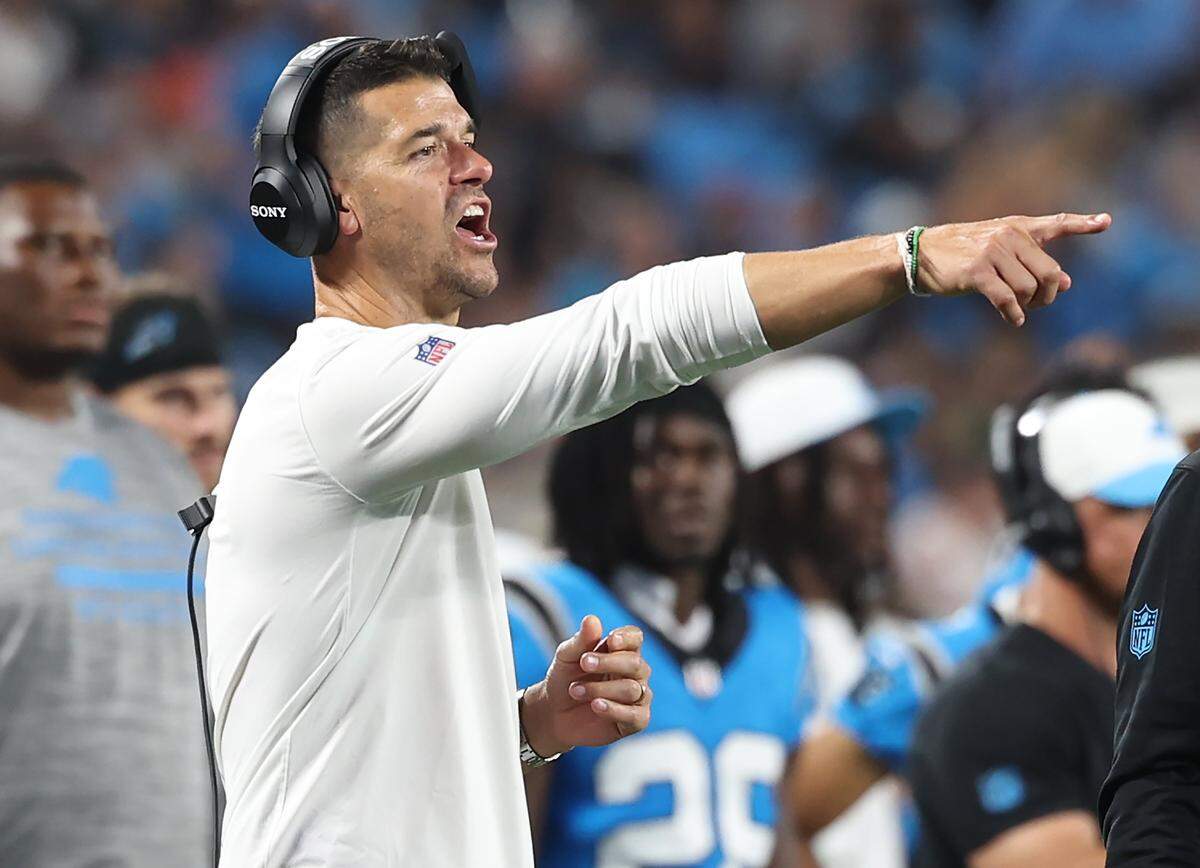 Carolina Panthers head coach Dave Canales yells instructions to his team during action against the Cleveland Browns on Friday, August 8, 2025 at Bank of America Stadium in Charlotte, NC. The Browns defeated the Panthers 30-10.