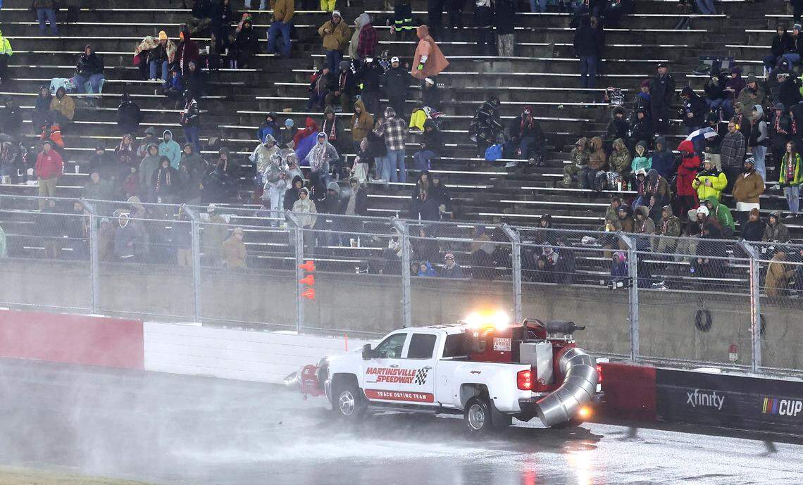 A blower truck attempts to clear the track of water and snow at Bowman Gray Stadium during the Cookout Clash in Winston-Salem, NC on Wednesday, Feb. 4, 2026. NASCAR Cup Series driver Ryan Preece would win the race.
