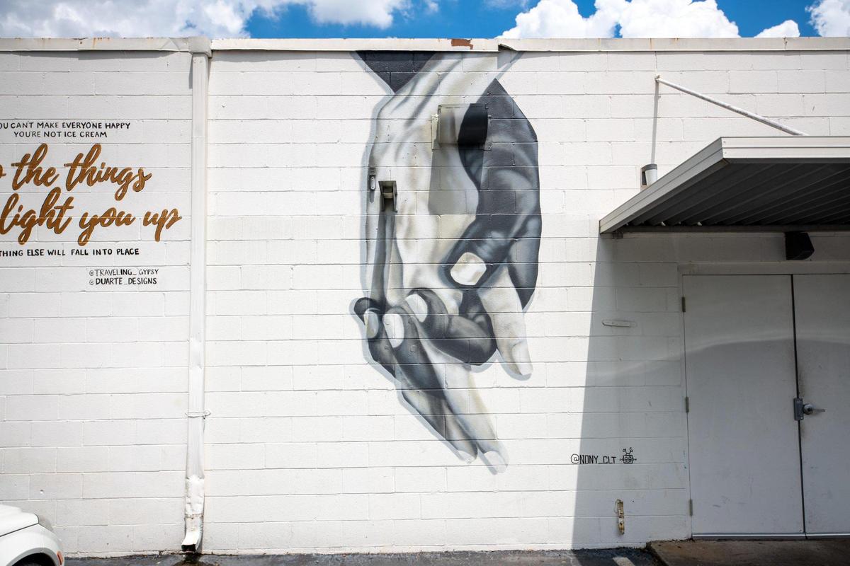 Charlotte artist nony_clt has created a thought-provoking mural at Two Scoops Creamery on Central Avenue.