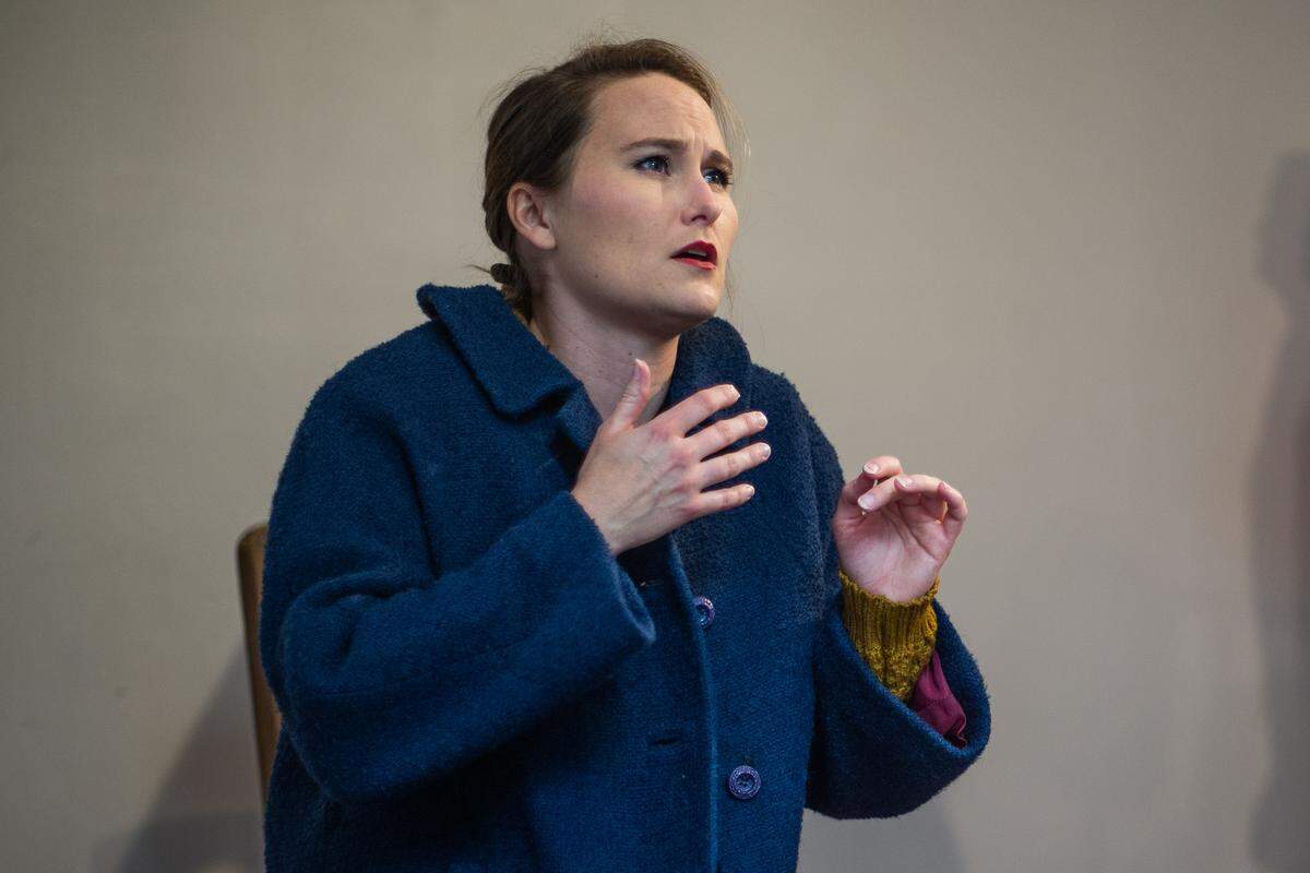 Leslie Giles rehearses for “Protective Custody: Prisoner 34042.” The Three Bone Theatre production is based on a memoir by Holocaust survivor Susan Cernyak-Spatz of Charlotte.