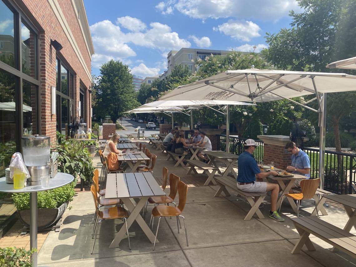 Legion Brewing’s patio includes picnic tables and large umbrellas.