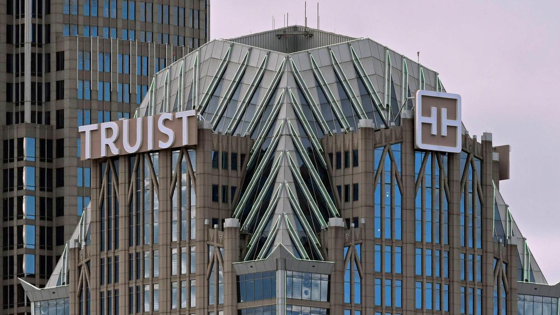 The Truist logo signage on the former Hearst Tower in uptown Charlotte, now called the Truist Center, has generated controversy and calls to tear it down.