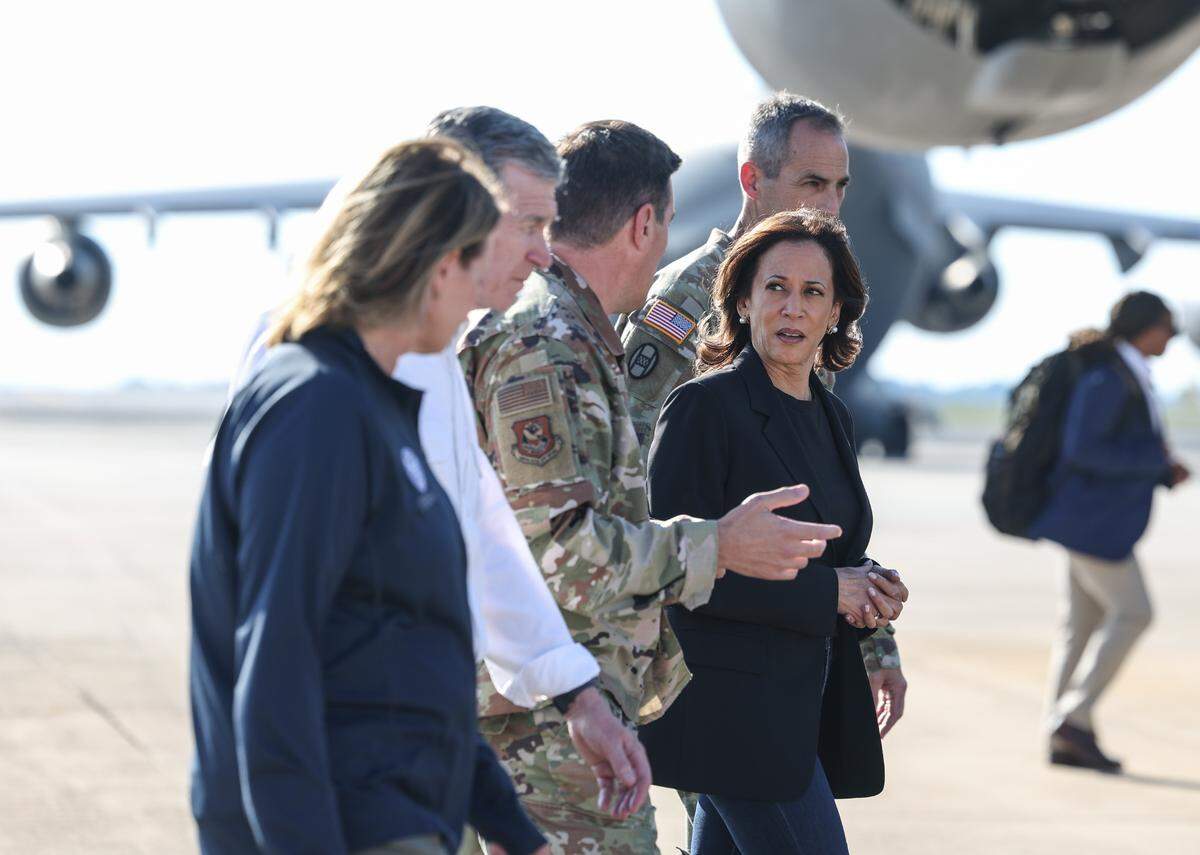 Vice President Kamala Harris meets with officials in North Carolina to receive on-the-ground briefing about the continued recovery efforts that are occurring in communities across the state after Hurricane Helene in Charlotte, NC on Saturday, Oct. 5, 2024.
