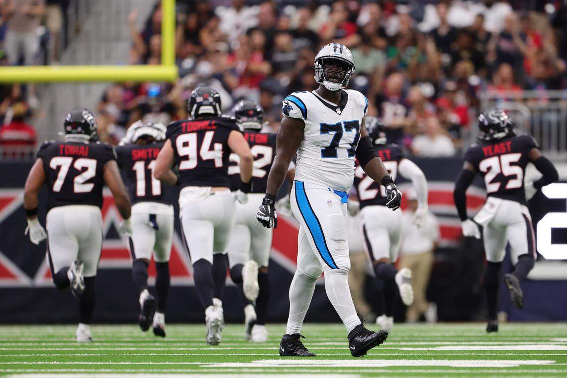 Carolina’s Yosh Nijman during a 2025 preseason game at NRG Stadium in Houston.