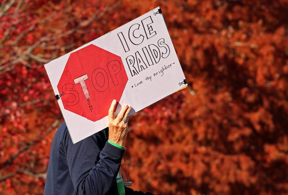 A protester stands along North Wendover Road near the Home Depot in Charlotte, NC on Wednesday, November 19, 2025. 