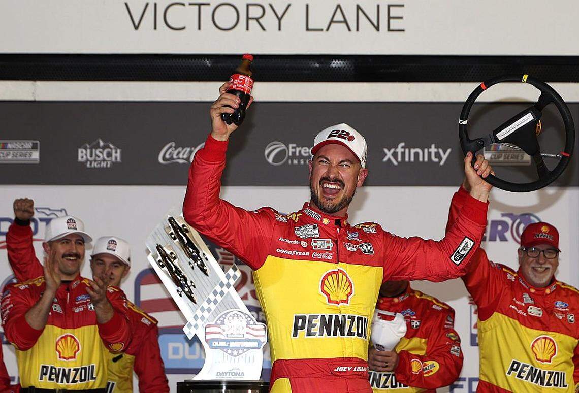 Joey Logano, driver of the #22 Shell Pennzoil Ford, celebrates in victory lane after winning Duel 1 for the NASCAR Cup Series Daytona 500 at Daytona International Speedway on Feb, 12, 2026 in Daytona Beach, Florida.