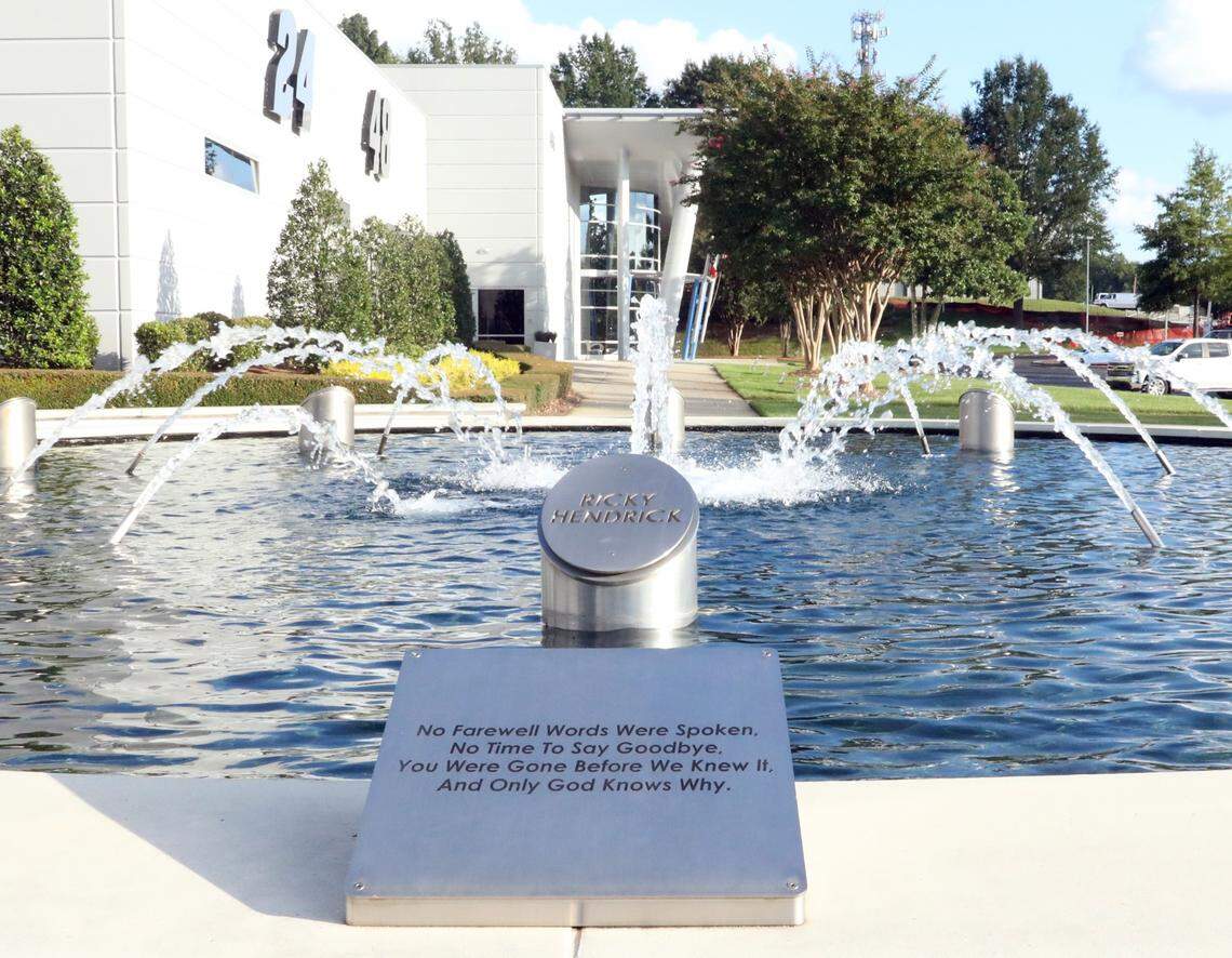 A fountain at the Hendrick Motorsports campus acknowledges the 10 lives lost in 2004 when a Hendrick plane crashed into a mountain in Virginia on its way to Martinsville (Va.) Speedway. Among those lost were Hendrick’s son, Ricky, his brother John and his twin nieces. A ceremony is held at the fountains each October on the anniversary of the crash.