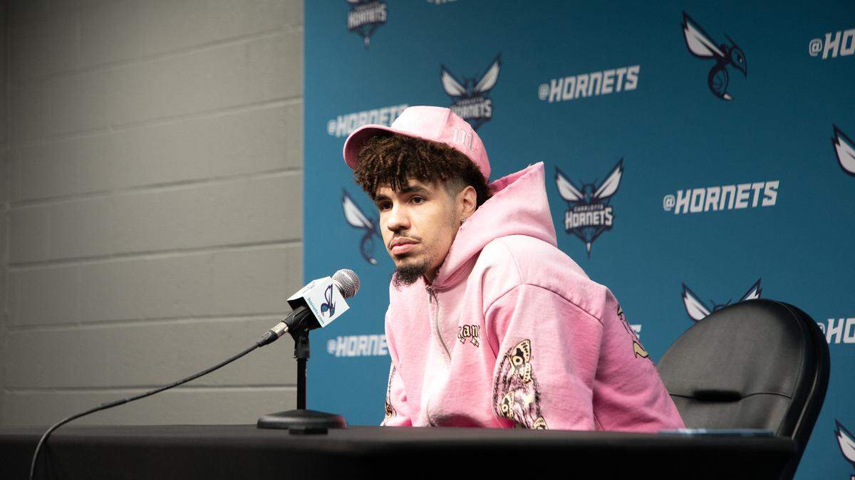 Charlotte Hornets guard LaMelo Ball answers questions from reporters at the team’s end-of-season press conference on April 14, 2025.
