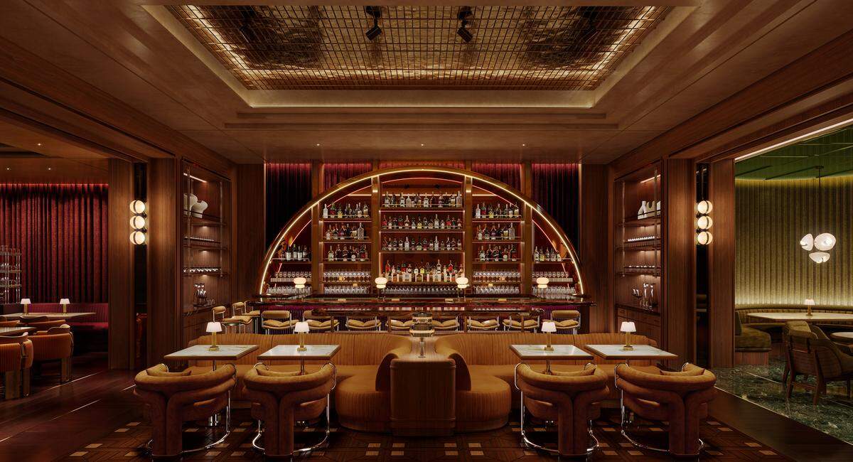 An architectural rendering of a glamorous, mid-century modern restaurant bar and lounge. The focal point is a grand, illuminated semi-circular arch framing a fully stocked back bar with multi-tiered shelving and dozens of liquor bottles against a deep red curtain. In the foreground, a symmetrical lounge arrangement features warm mustard-yellow velvet banquettes paired with small marble-topped tables, cordless mini lamps, and plush, low-backed tub chairs. The sophisticated space is enveloped in rich wood paneling, under a recessed metallic gold ceiling grid equipped with track lighting.