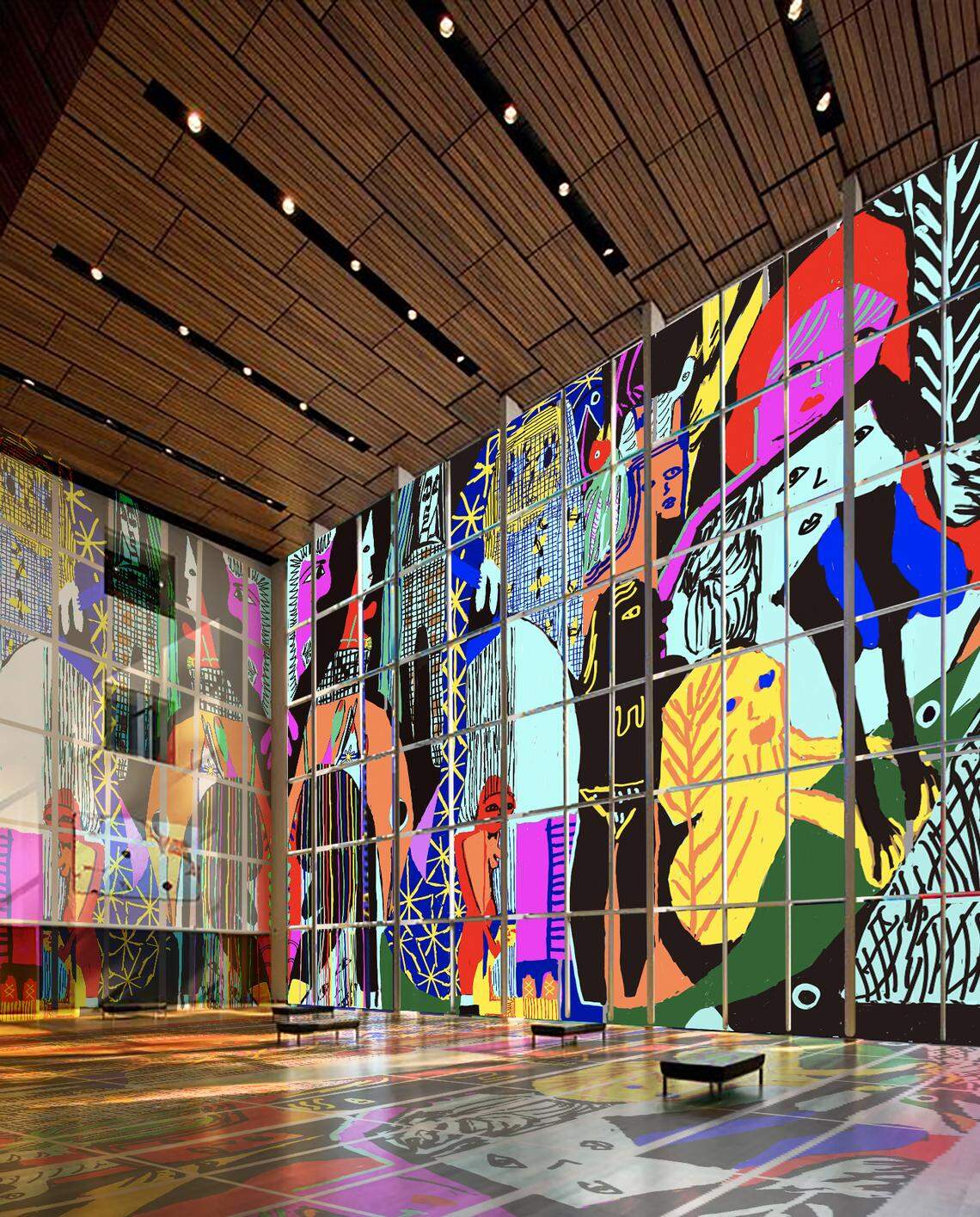 Both of the Mint Museum’s locations will reopen starting with a free weekend in September. At the Mint Museum Uptown, visitors can see the new Summer Wheat’s “Foragers,” pictured in a rendering here, which will be installed across four stories.