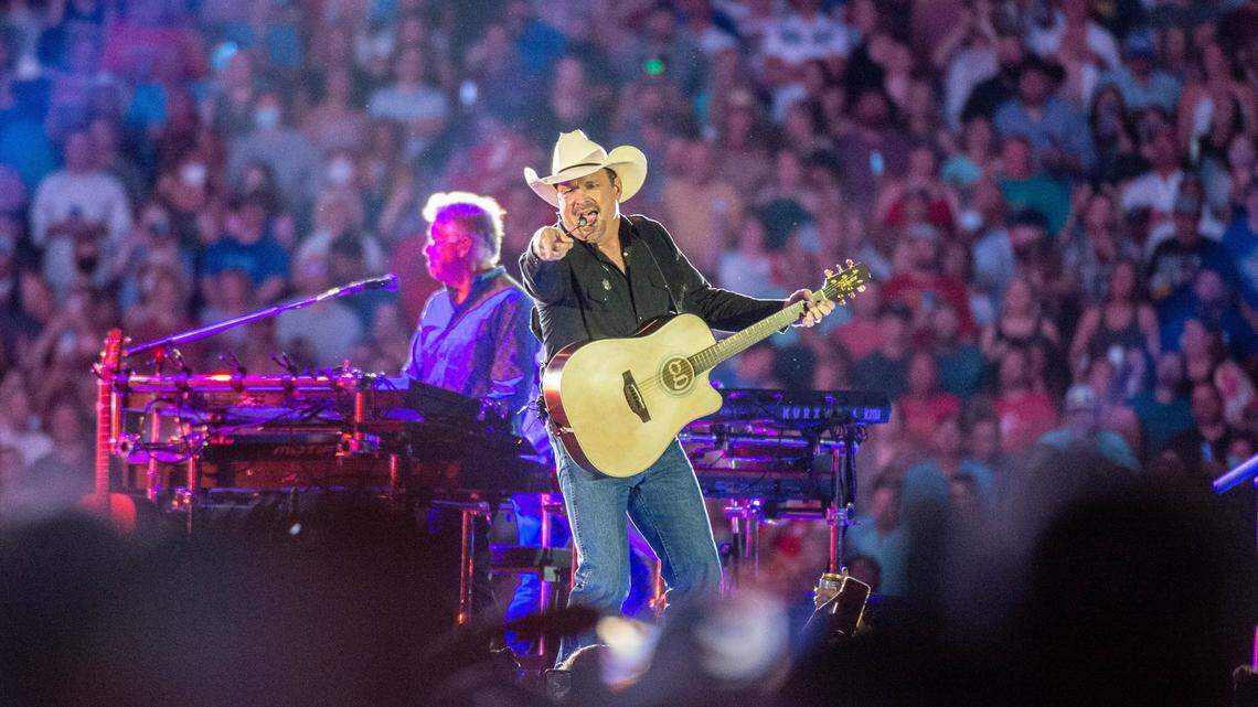 Garth Brooks takes the stage at GEHA field at Arrowhead Stadium Saturday night, Aug. 7, 2021. More than 74,500 tickets were sold - a record for an Arrowhead concert.