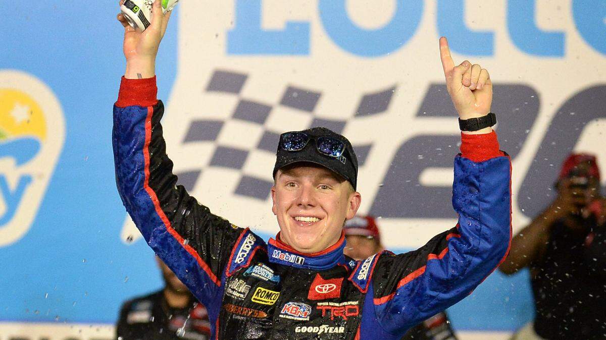 NASCAR Camping World Truck Series driver John Hunter Nemechek celebrates winning the NC Education Lottery 200 on Friday, May 28, 2021 at Charlotte Motor Speedway in Concord, NC.