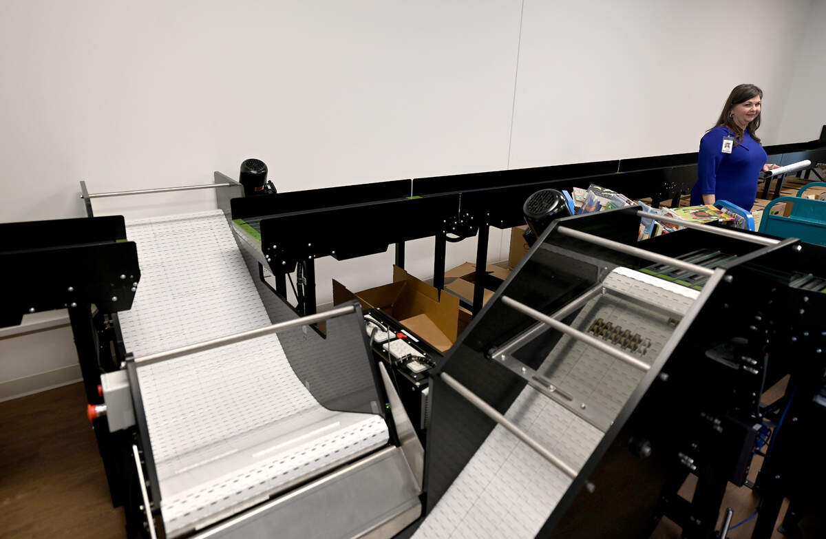 Among the new features of the University City Regional Library is a conveyor belt system that will handle books being returned outside and inside the library. The system’s scanners will scan the books and properly disperse them into bins quickening the reshelving by staff members.