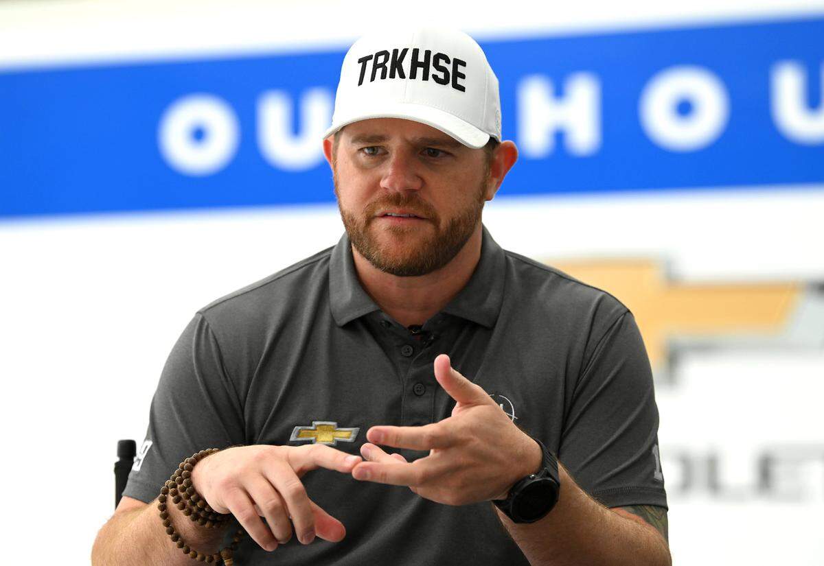 Trackhouse Racing owner Justin Marks speaks with reporters at Trackhouse Racing in Concord, NC on Tuesday, March 29, 2022. The team is owned by Marks and rapper Armando Christian ‘Pitbull’ Perez. Team driver Ross Chastain won his first NASCAR Cup win and Trackhouse Racing’s first-ever win at Circuit of the Americas on Sunday, March 27, 2022.