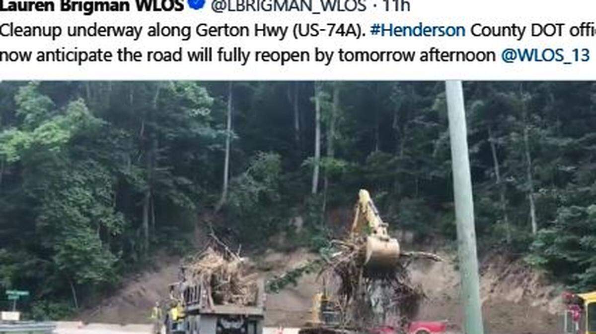 A landslide toppled boulders, trees and mud onto a North Carolina mountain road over the weekend — U.S. 74A in Henderson County.