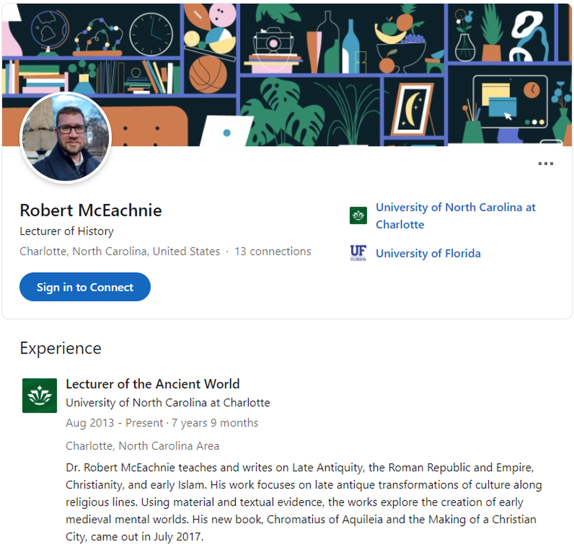 This screen capture shows Robert McEachnie’s LinkedIn page. McEachnie has worked at UNC Charlotte for about a decade. He was demoted from senior lecturer to lecturer, among other punishments, after a student filed a formal campus complaint against him in 2019.