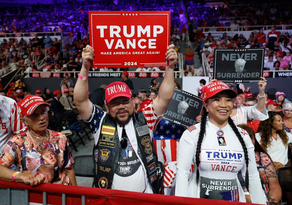 Supporters of former President Donald Trump line the seating area of Bojangles Coliseum showing their support for the former president during a rally at Bojangles Coliseum in Charlotte, NC on Wednesday, July 24, 2024.