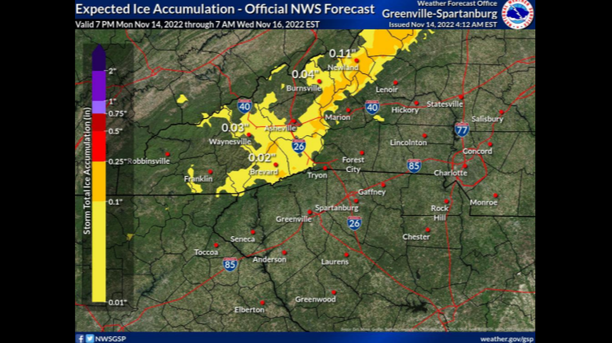 Temperatures are expected to drop, creating a risk of ice in parts of Western North Carolina early Tuesday.