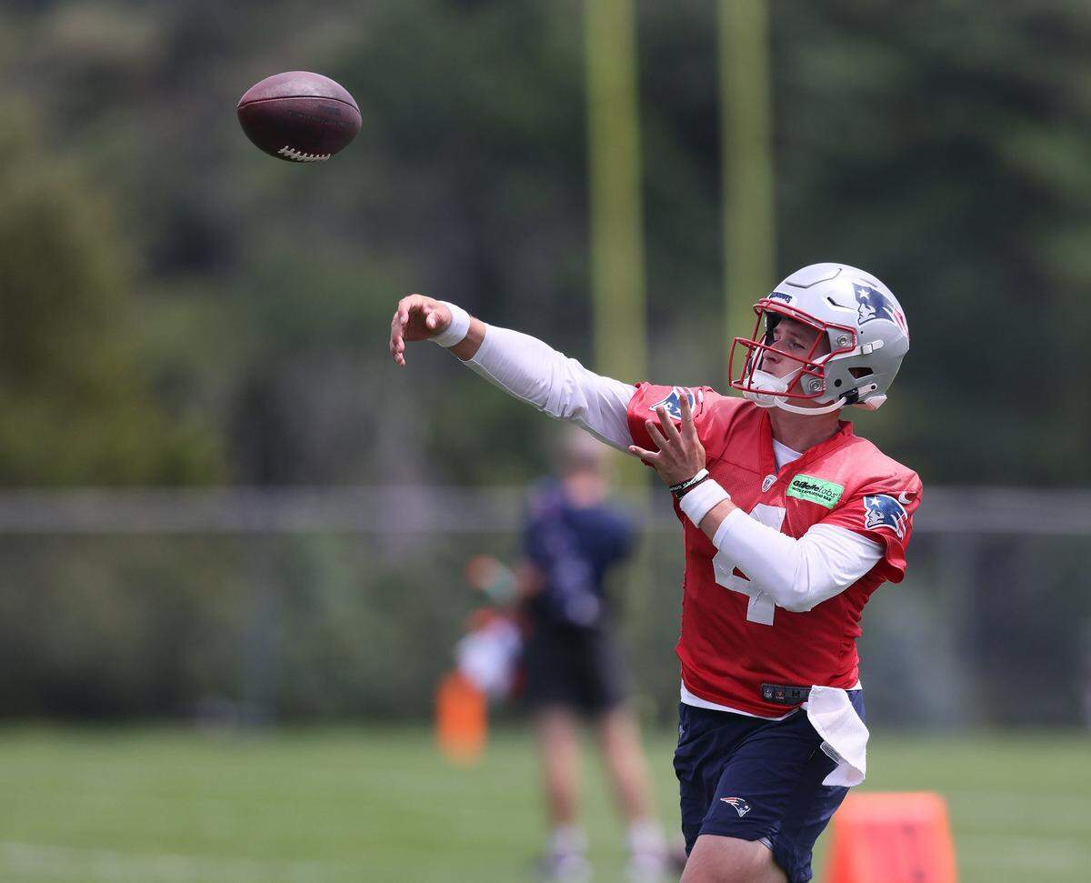 Bailey Zappe throws a pass during New England Patriots training camp action Sunday in Foxboro. (Nancy Lane/Boston Herald/TNS)