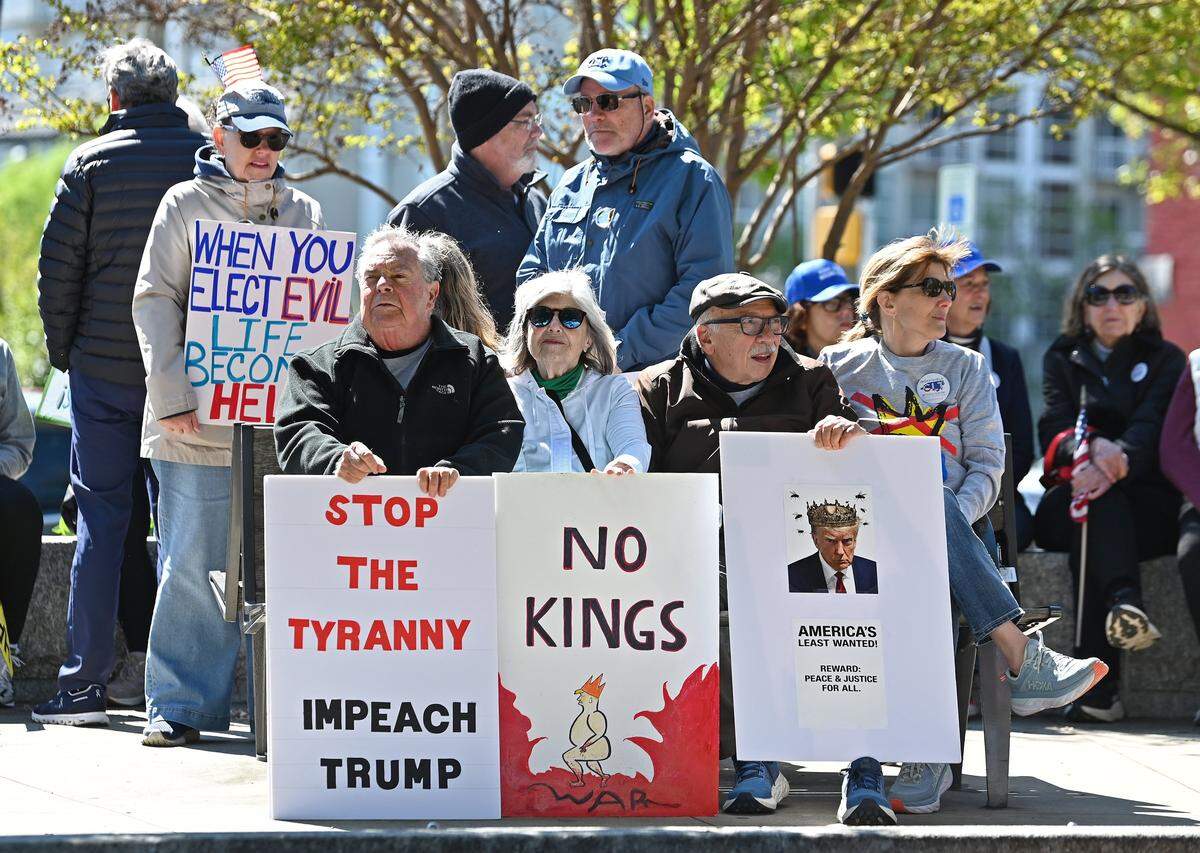 Early arrivals were able to find seating in First Ward Park prior to the start of No Kings rally in Charlotte, NC on Saturday, March 28, 2026.