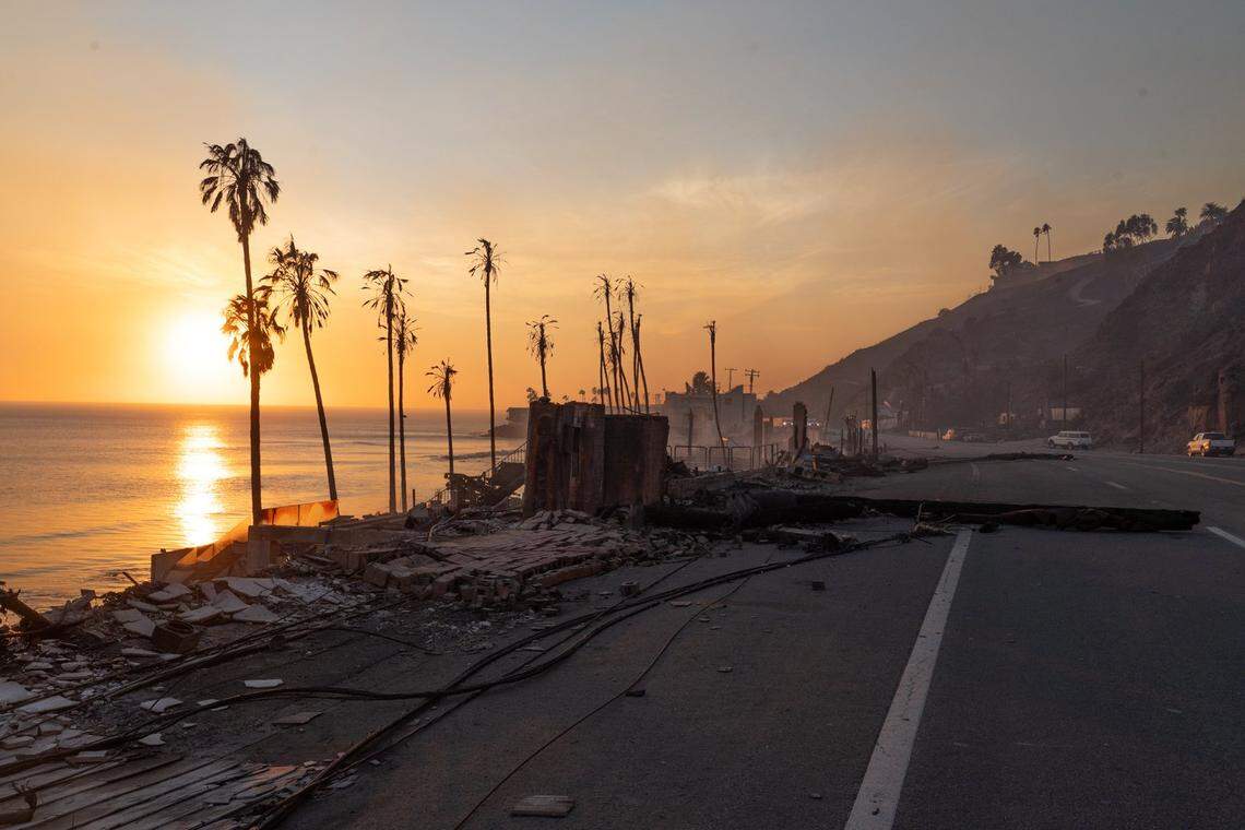 Jan 8, 2025; Malibu, CA, USA; Many homes along the Pacific Coast Highway in Malibu have been consumed by a wildfire that broke out in Los Angeles County on Jan. 7. The fire has destroyed more than 1,000 homes, businesses and other structures, Los Angeles County Fire Chief Anthony Marrone said at a briefing Wednesday. Mandatory Credit: Sandy Hooper-USA TODAY