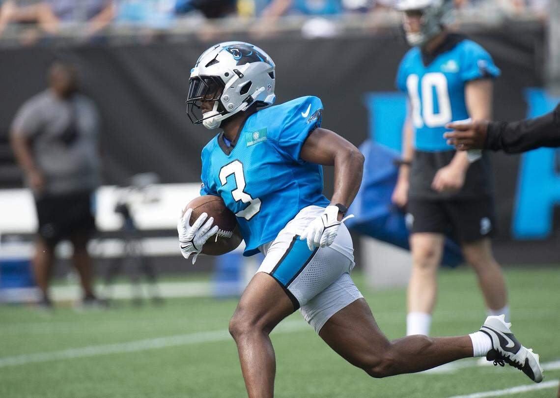 Panthers running back and return specialist, #3, Raheem Blackshear, broke free during a kick turn Saturday. Fans celebrated the return of Panthers’ football during practice at Bank of America Stadium on Saturday, July 27, 2024 as part of the annual Back Together Saturday event. Practice, which began at 9:30 a.m., included performances by the Panthers entertainment group and activities for fans. Fans cheered on players like Bryce Young (#9), Xavier Legette (#17), Damien Lewis (#68) and head coach Dave Canales.