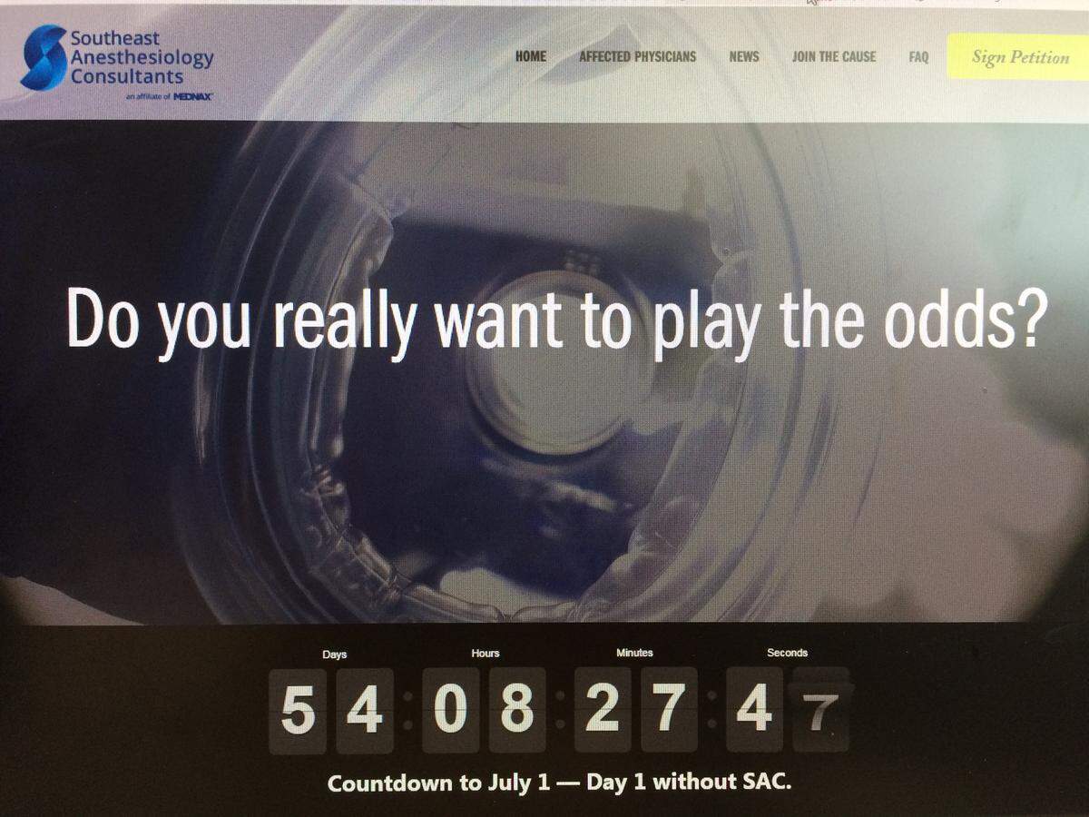 On Monday, the website Yourcriticalmoment.com displays a counter ticking backward until July 1, the day Atrium Health terminates a relationship with Southeast Anesthesiology Consultants.