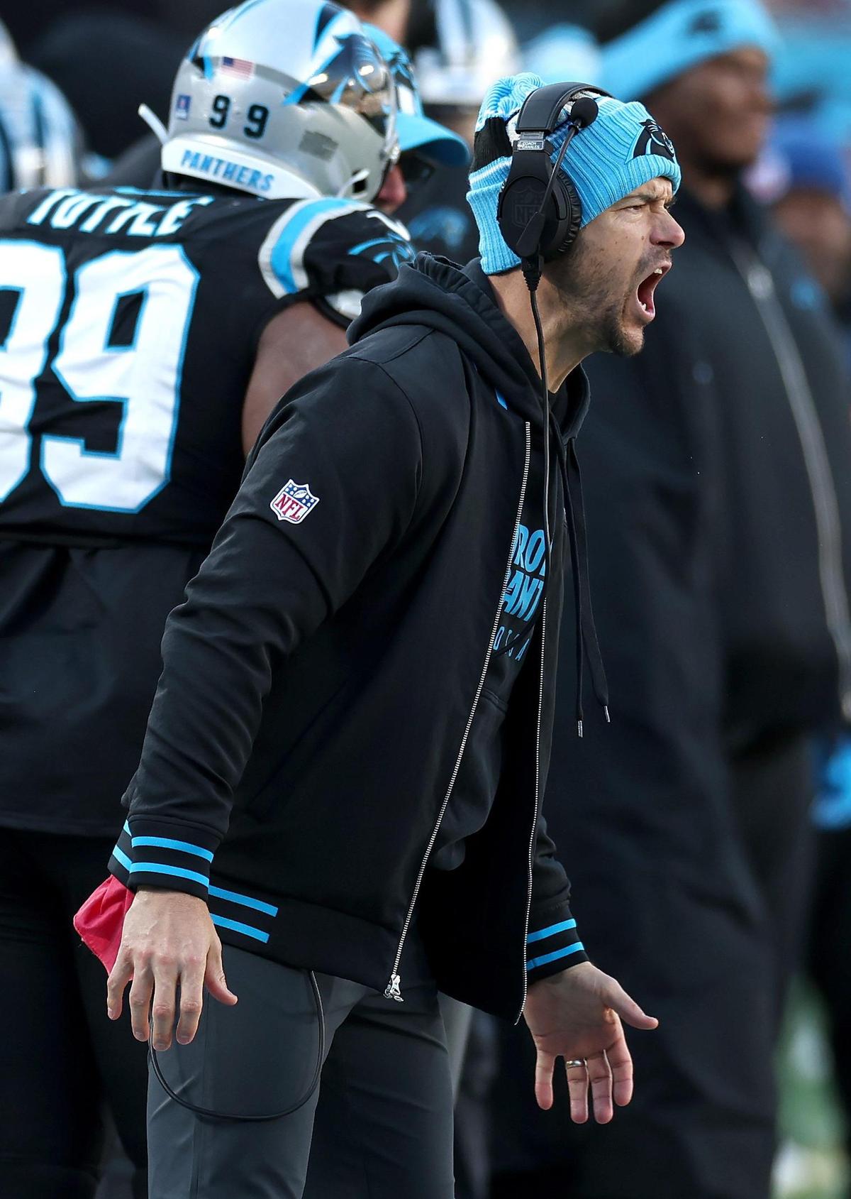 Carolina Panthers head coach Dave Canales yells instructions to the team during action against the Arizona Cardinals at Bank of America Stadium in Charlotte, NC on Sunday, December 22, 2024. The Panthers defeated the Cardinals 36-30 in overtime.