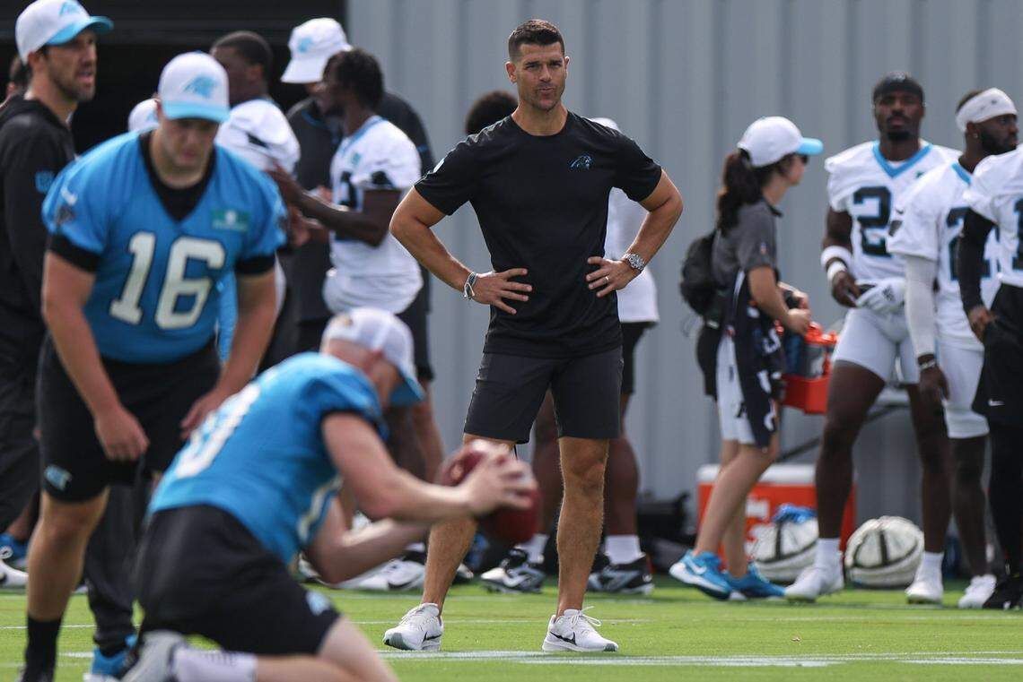 Panthers head coach Dave Canales watches players during day one of training camp practice in Charlotte, NC on Wednesday, July 24, 2024.