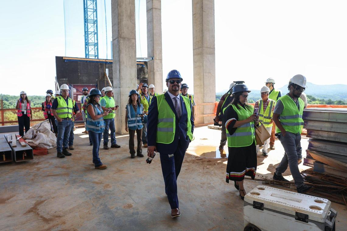 Catawba Nation Chief Brian Harris, center, and other tribal officiaIs lead a media tour and provide updates on the $1 billion Catawba Two Kings Casino Resort in Kings Mountain on Tuesday, June 17, 2025.