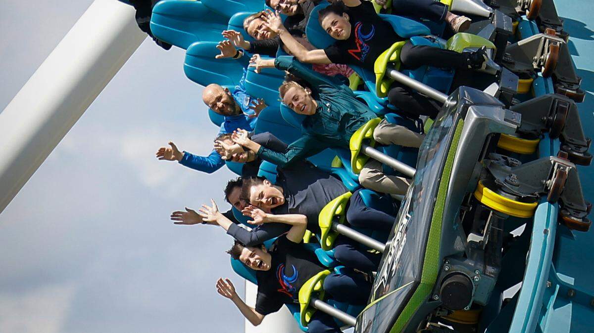Riders make a turn on Fury 325 at Carowinds in Charlotte, N.C., Friday, April 8, 2022. Fury 325 was unveiled in 2015 and currently remains one of the tallest, fastest and longest roller coasters in the world.