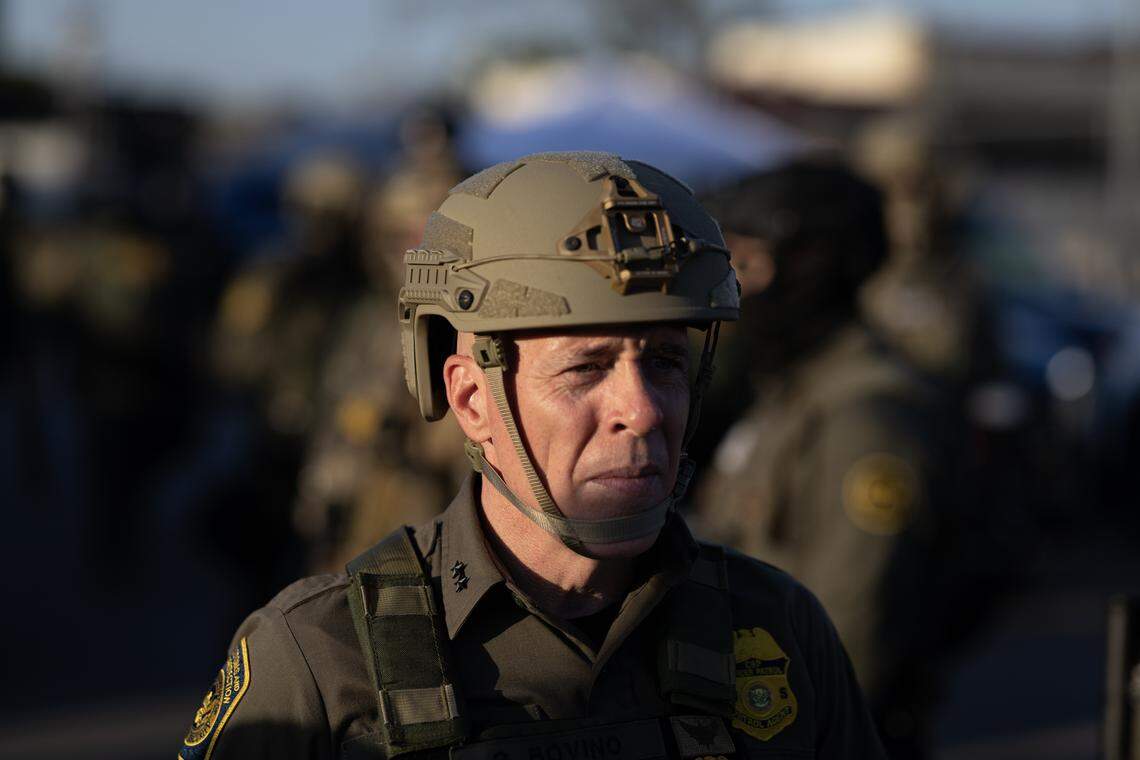 BROADVIEW, ILLINOIS - SEPTEMBER 27: U.S. Border Patrol Chief Greg Bovino leads his troop as they confront demonstrators outside of an immigrant processing center on September 27, 2025 in Broadview, Illinois. The demonstrators were protesting a recent surge in ICE apprehensions in the Chicago area, part of a push by the Trump administration dubbed Operation Midway Blitz. (Photo by Scott Olson/Getty Images)