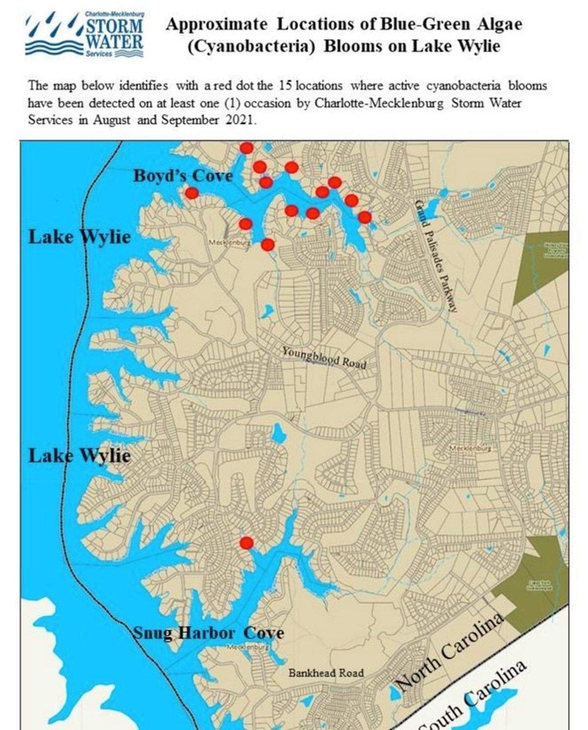 This map shows where blue-green algae blooms were spotted on Lake Wylie on Monday, Sept. 13, 2021.
