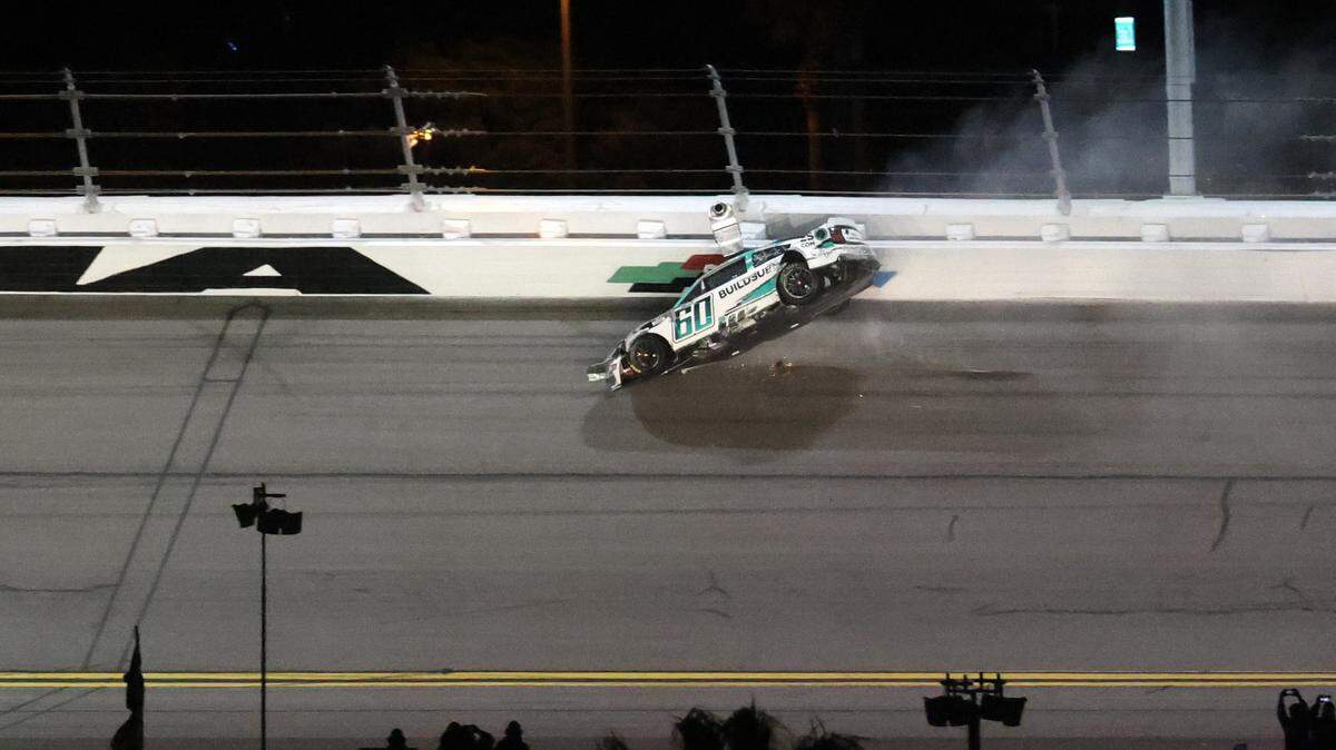 Feb 16, 2025; Daytona Beach, Florida, USA; NASCAR Cup Series driver Ryan Preece (60) gets airborne after a wreck during the Daytona 500 at Daytona International Speedway. Mandatory Credit: Mark J. Rebilas-Imagn Images