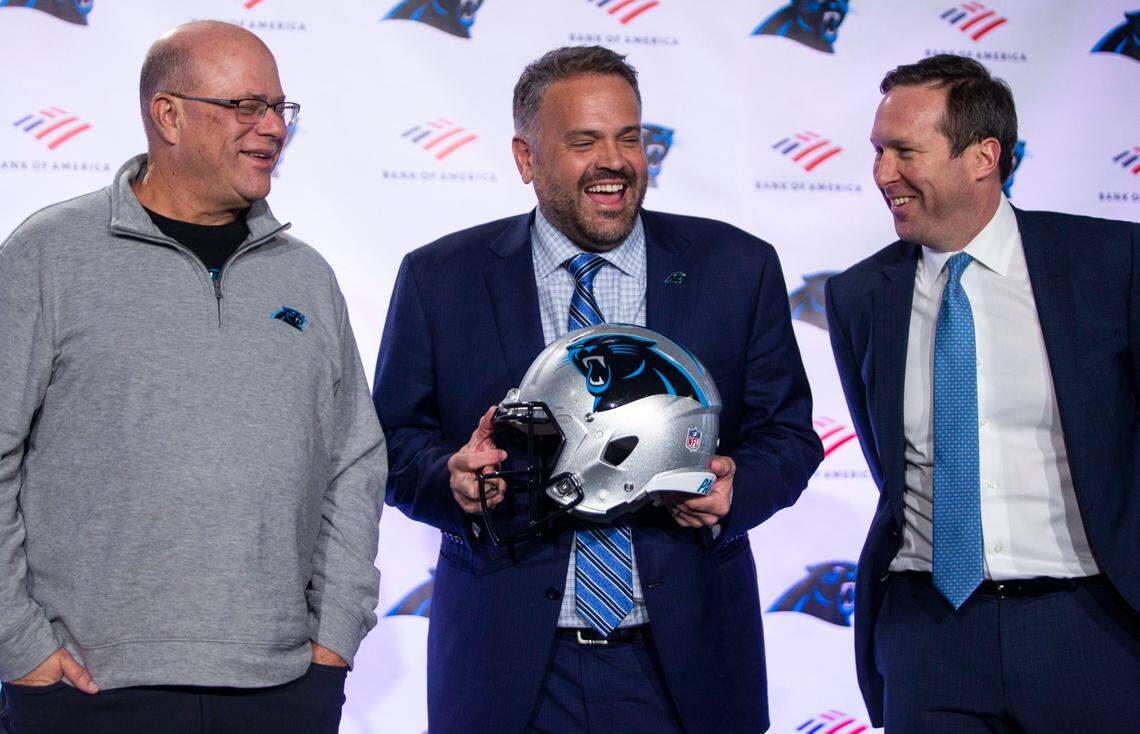 Panthers owner David Tepper (left) has retained had coach Matt Rhule (center) for a third season, although Rhule’s Carolina teams have only won five games in 2020 and 2021.