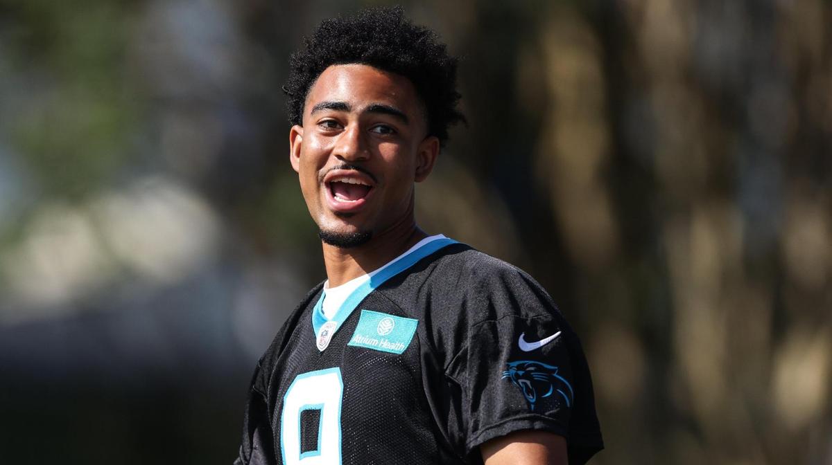 Carolina Panthers Bryce Young arrives to Panthers Training Camp at Wofford College in Spartanburg, N.C., on Wednesday, July 26, 2023.