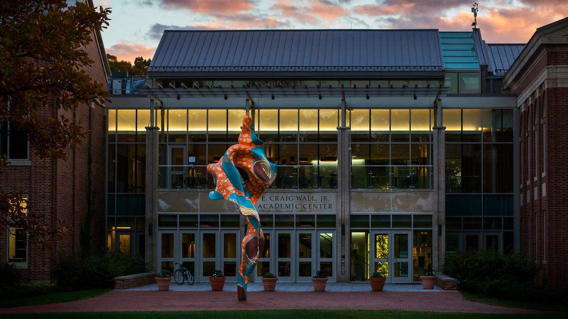“Wind Sculpture (SG) I,” 2018, by Yinka Shonibare.  A steel armature with hand-painted fiberglass resin cast, it was a gift to Davidson by Pat Rodgers in memory of her husband, B.D. Rodgers.