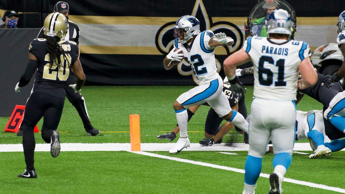 Carolina Panthers wide receiver D.J. Moore (12) scores a touchdown against the New Orleans Saints late in second quarter at the Mercedes-Benz Superdome on Sunday, October 25, 2020, in New Orleans.