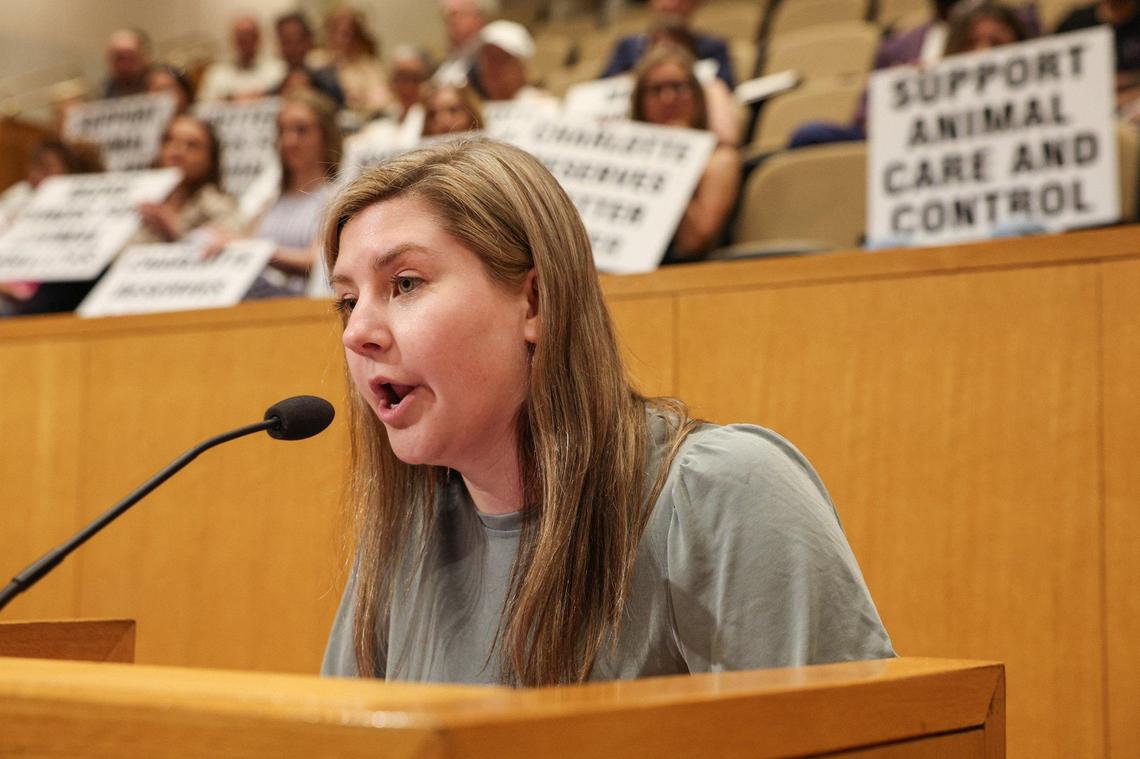 “The city has the power here. Unless TSE wants to completely relocate not just one, but two teams, they will stay here. We have the power. Use it. Call their bluff. Vote no,” says Grace Fendrick as she finishes addressing the Charlotte City Council before they vote on whether to approve $650 million in tax payer money to renovate Bank of America Stadium in Charlotte on Monday, June 24, 2024.