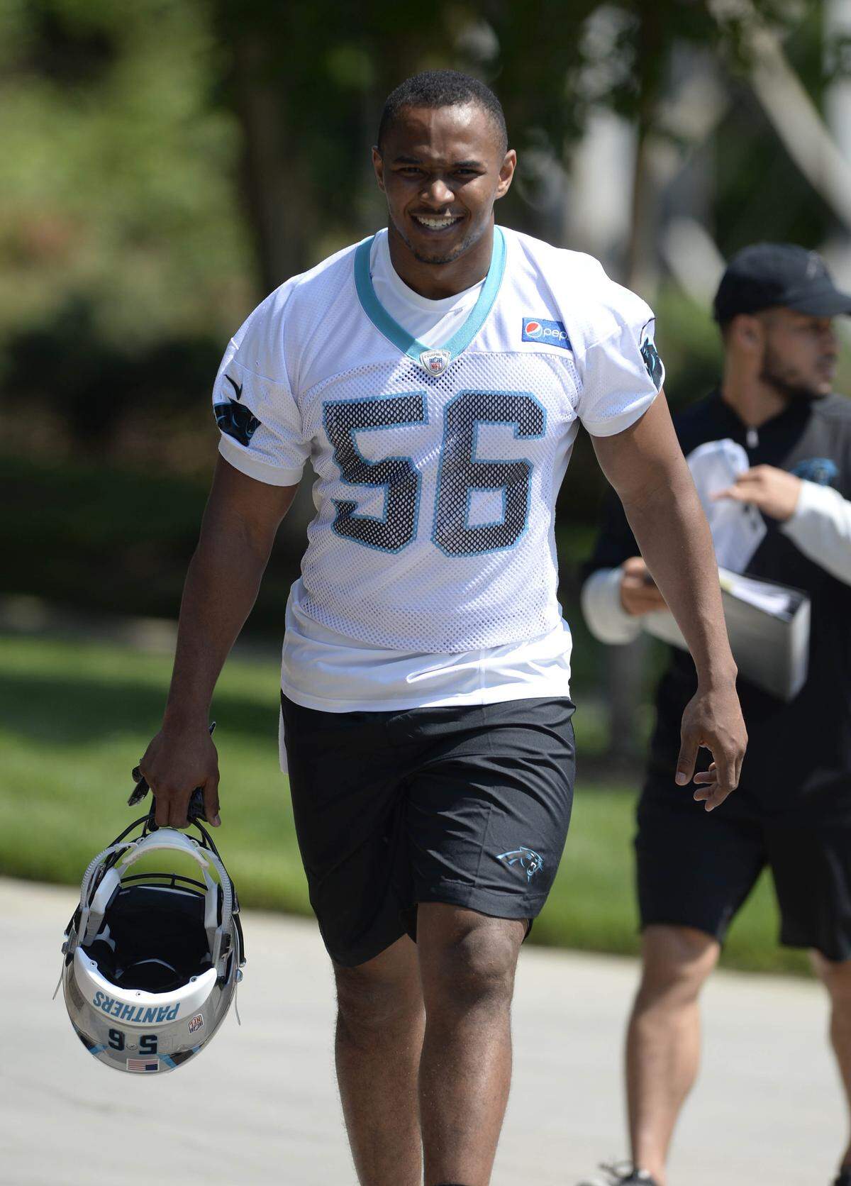 Carolina Panthers Jermaine Carter Jr (56) heads t0 the practice field during Day 1 of the Carolina Panthers’ rookie mini camp on Friday, May 11, 2018.