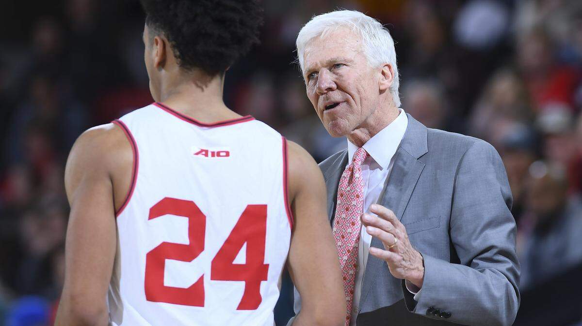 Davidson head coach Bob McKillop talks with Carter Collins (24) late in second half A-10 basketball action against Saint Louis at Belk Arena on Wednesday, January 22, 2020 in Davidson, North Carolina. Davidson won 71-59.