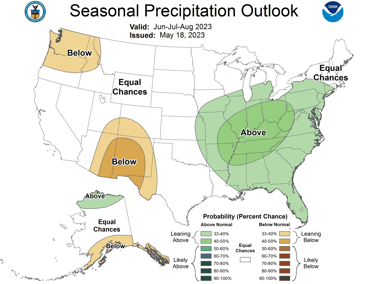 The National Oceanic and Atmospheric Administration seasonal precipitation outlook for June, July and August.