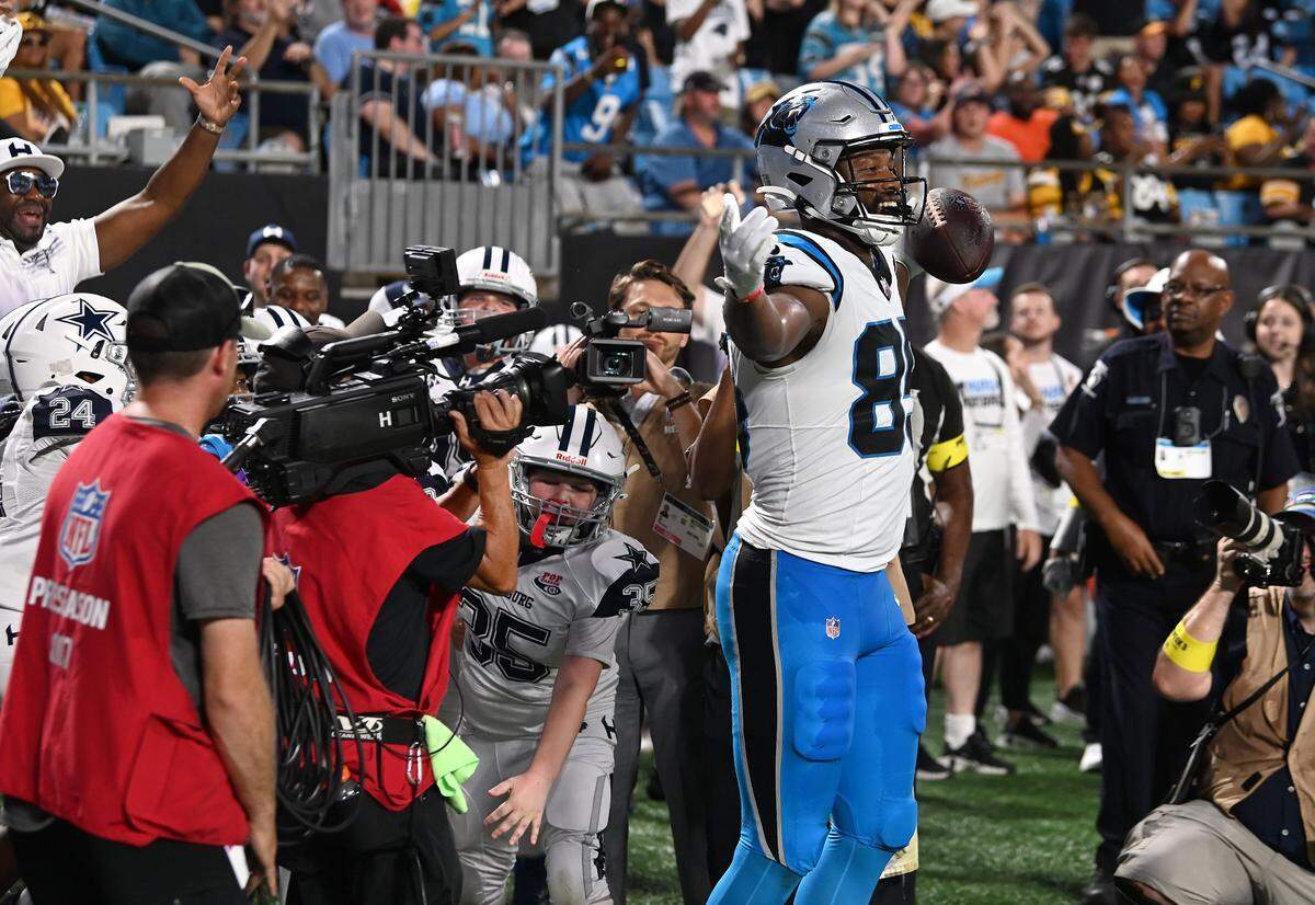 Carolina Panthers tight end James Mitchell celebrates his touchdown pass reception during action against the Pittsburgh Steelers at Bank of America Stadium in Charlotte, NC on Thursday, August 21, 2025.