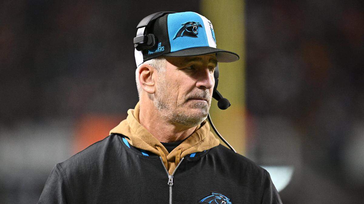 Nov 9, 2023; Chicago, Illinois, USA; Carolina Panthers head coach Frank Reich watches his team play against the Chicago Bears in the second half at Soldier Field. Mandatory Credit: Jamie Sabau-USA TODAY Sports