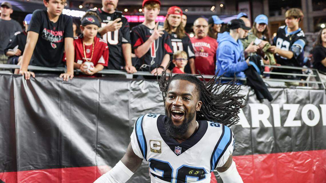 Carolina Panthers Donte Jackson celebrates a win against the Arizona Cardinals at the State Farm Stadium in Glendale AZ, on Sunday, November 14, 2021. The Panthers defeated the Cardinals 34-10.