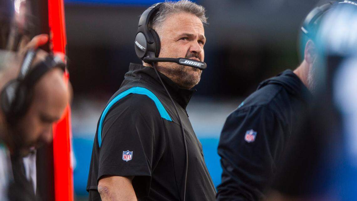 Panthers head coach Matt Rhule looks into the distance during the game against the Buccaneers at Bank of America Stadium on Sunday, December 26, 2021 in Charlotte, NC.