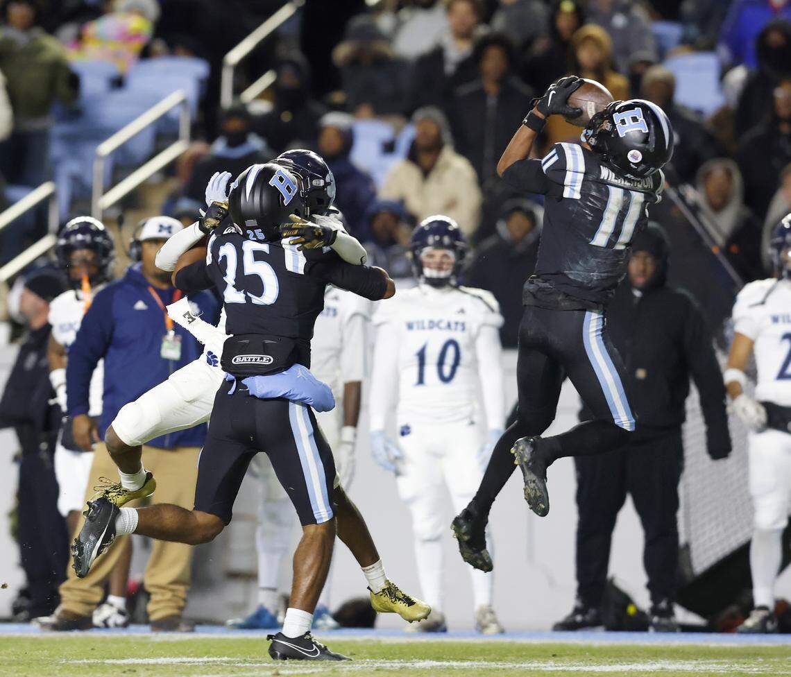 Hough’s Jason Wilkerson intercepts a pass during the second half of the Huskies’ 21-0 win over Millbrook in the NCHSAA 8A high school football state final on Thursday, Dec. 11, 2025, at Kenan Stadium in Chapel Hill, N.C.
