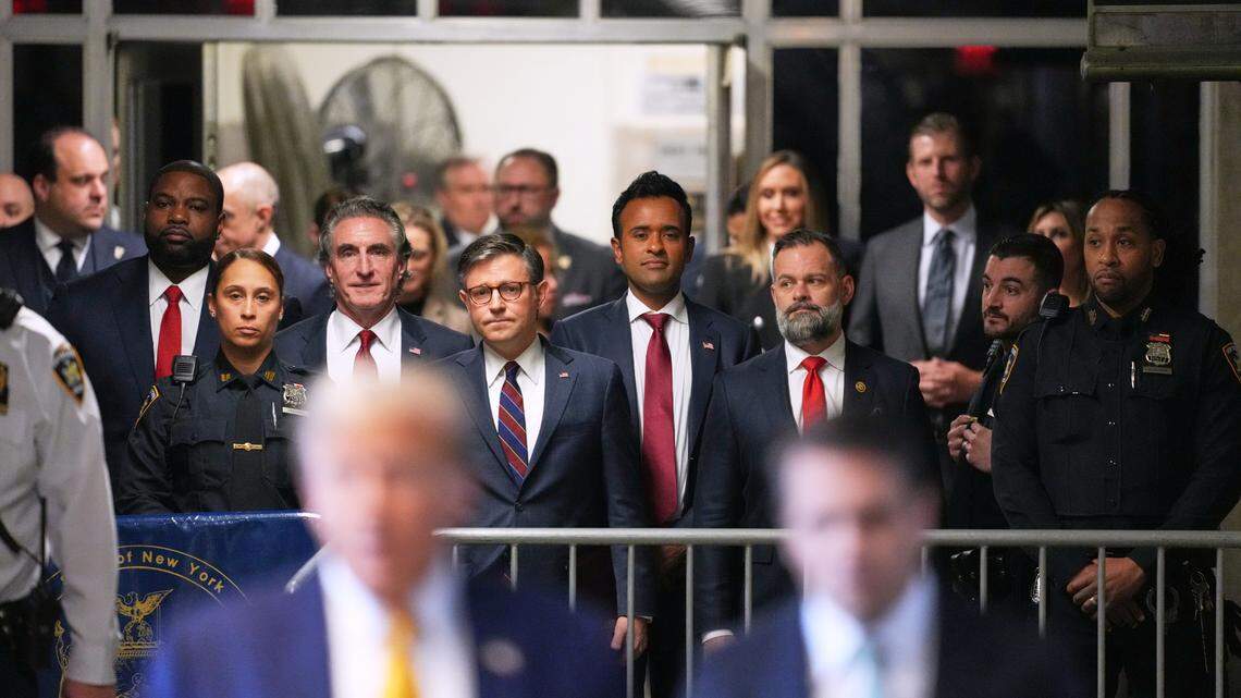 Republicans who showed up to support Donald Trump during his hush money trial in Manhattan Criminal Court on May 14, 2024 included (left to right) US Rep. Byron Donalds, North Dakota Gov. Doug Burgum, Speaker of the House Mike Johnson (center), Vivek Ramaswamy and US Rep. Cory Mills.